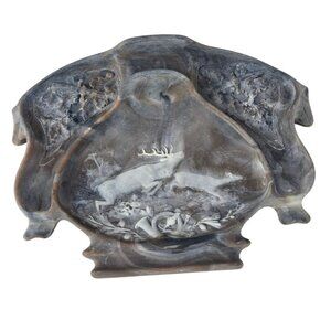 Handcrafted Genuine Incolay Stone Library Desk Tray Valet Wildlife Scene Vintage